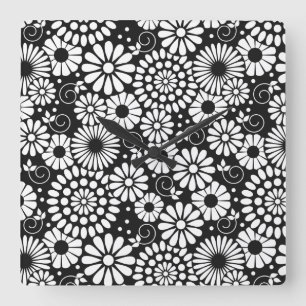 Retro black white flowers Wall Clock