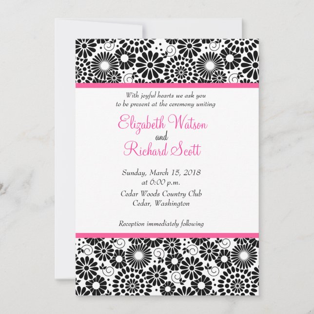 Retro black white flowers wedding invitation (Front)