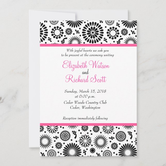 Retro black white flowers wedding invitation (Front)