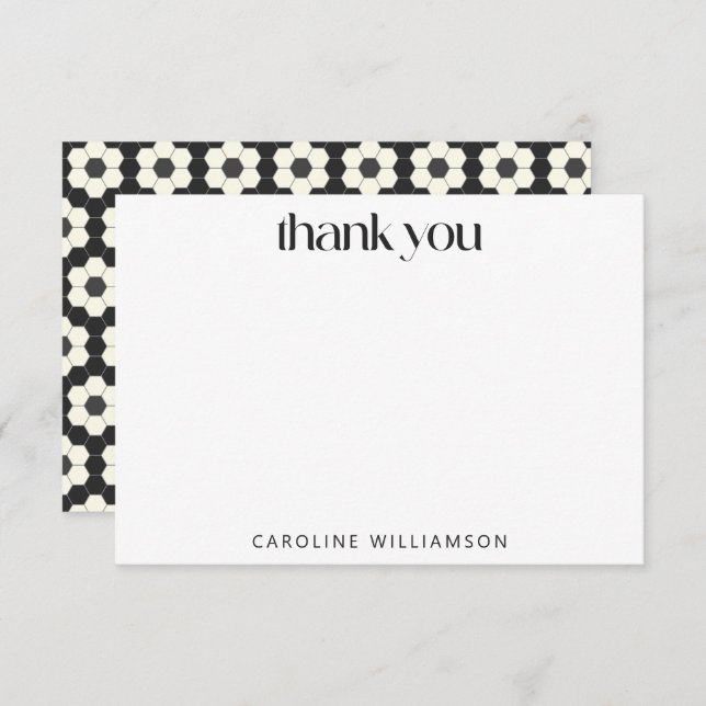 Retro Black White Geometric Tile Custom Name Thank You Card (Front/Back)