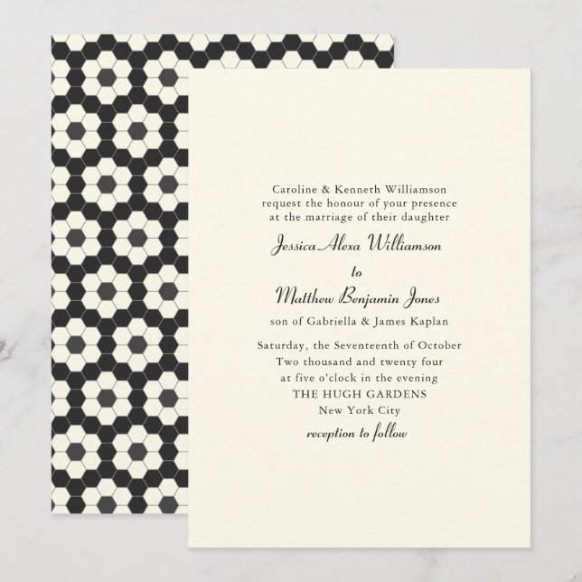 Retro Black White Geometric Tile Elegant Wedding Invitation (Front/Back)