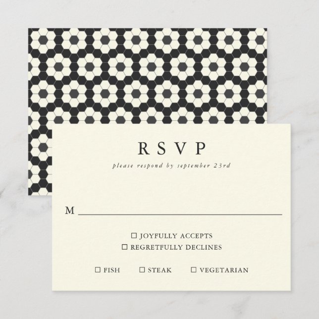 Retro Black White Geometric Tile Elegant Wedding  RSVP Card (Front/Back)