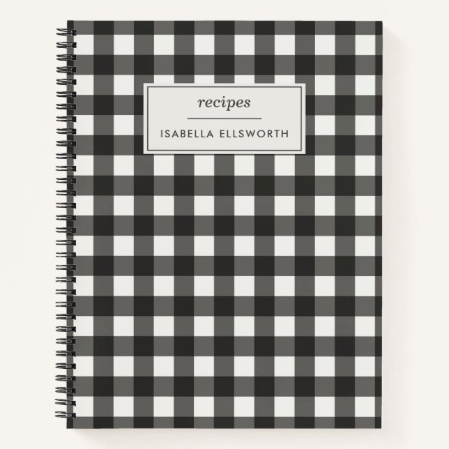 Retro Black White Gingham Plaid Custom Name Recipe Notebook (Front)