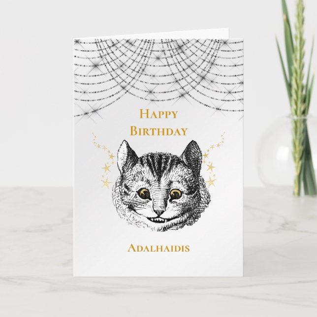 Retro Black White Gold Cheshire Cat Face Birthday Card (Front)