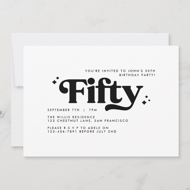 Retro black white modern minimal 50th birthday invitation (Front)