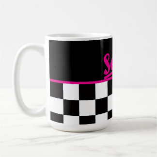 Retro Black White Neon Pink  "Serve!" Chequerboard Coffee Mug