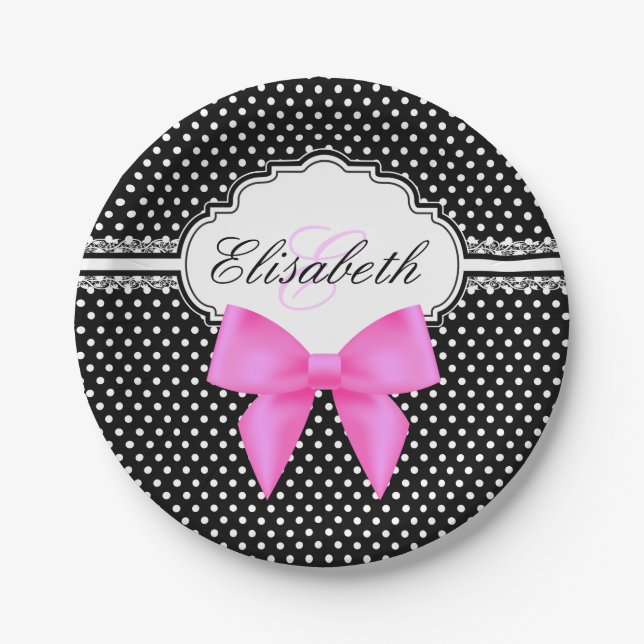 Retro black white polka dot pink bow monogram name paper plate (Front)