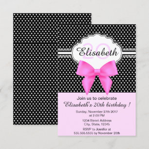 Retro black white polka dots pink girly birthday invitation