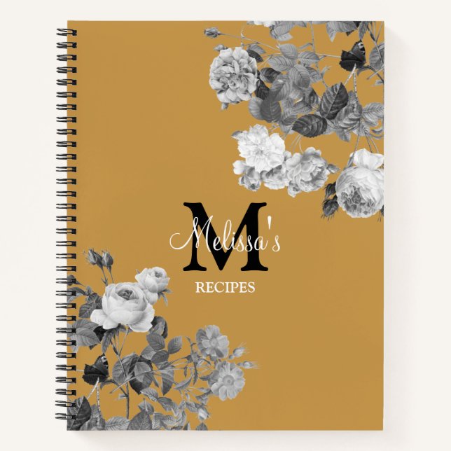 Retro Black White Roses Mustard Yellow Recipe Notebook (Front)