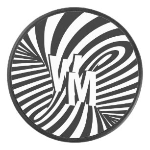Retro Black White Spiral Monogrammed Initial Hockey Puck