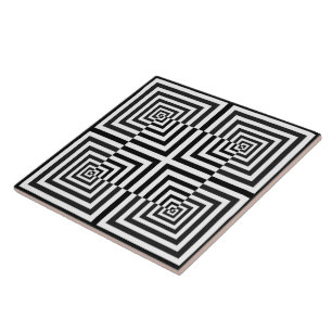 Retro Black White Squares Psychedelic Pattern Tile