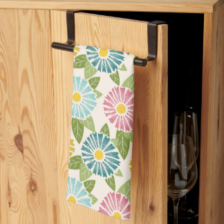 Retro Block Print Daisies Tea Towel