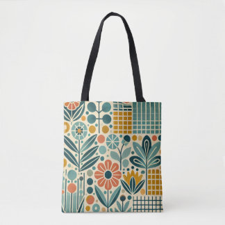 Retro Bloom Grid, floral tote bag