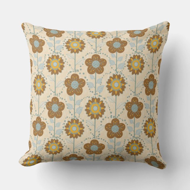 Retro Bloom Harmony Baby Blue Mustard Cushion (Front)
