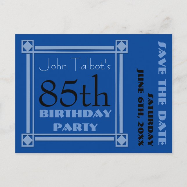 Retro Blue 85th birthday Party Save the Date P Announcement Postcard (Front)