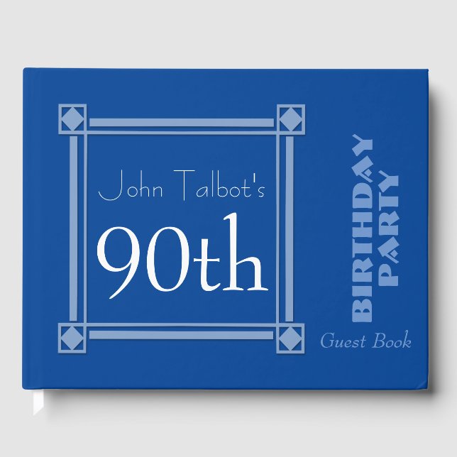 Retro Blue 90th Birthday Party Guest Book (Front)