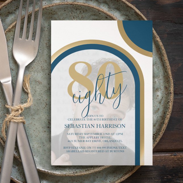 Retro Blue And Gold 80th Photo Birthday Invitation (Creator Uploaded)
