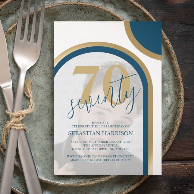 Retro Blue And Gold Photo 70th Birthday Invitation (Creator Uploaded)