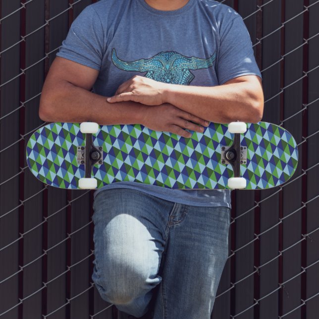 Retro Blue and Green Geometric Triangles Skateboard (Outdoor 3)