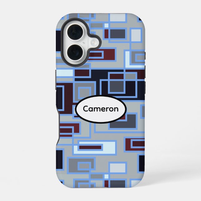 Retro Blue and Grey Rectangles iPhone 16 Case (Back)