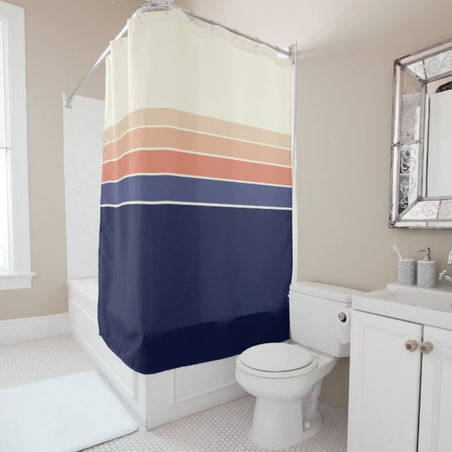 Retro Blue and Peach Striped  Shower Curtain (In Situ)