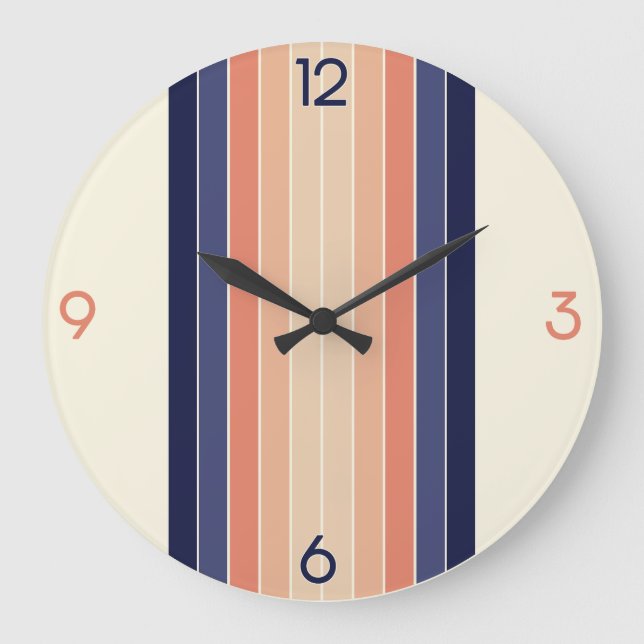 Retro Blue and Peach "Surfboard" Striped  Large Clock (Front)
