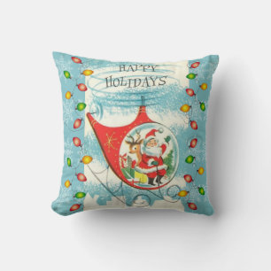 Retro Blue and Santa Clause flying a Helicopter Cushion