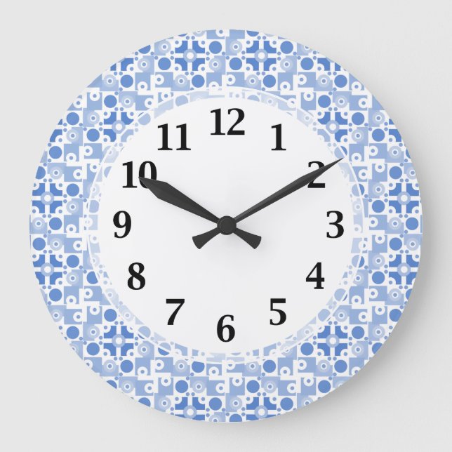 Retro Blue and White Abstract Pattern Large Clock (Front)