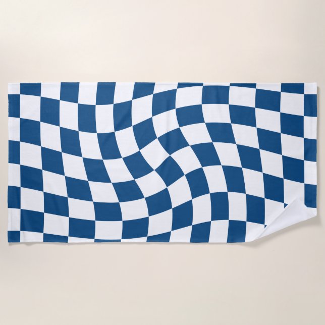 Retro Blue And White Warped Checks Chequerboard Beach Towel (Front)