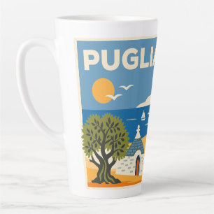 Retro Blue and Yellow Puglia Coastal Trullo Travel Latte Mug