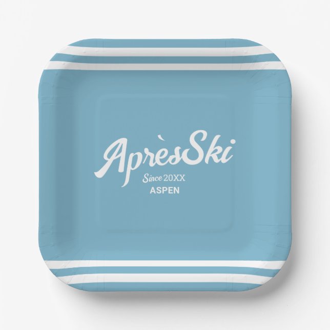 Retro Blue Apres Ski Custom Ski Resort Party Paper Plate (Front)