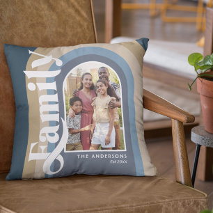 Retro Blue Arch Family Name Cushion