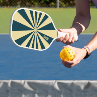 Retro Blue &Beige Stripes Script Minimalist Name Pickleball Paddle