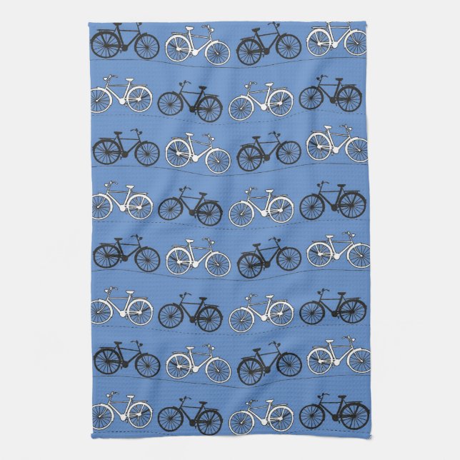 Retro Blue Bicycle Pattern Tea Towel (Vertical)