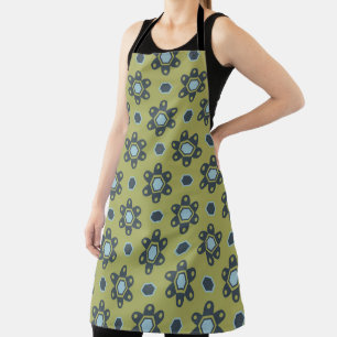 Retro Blue & Black Daisies on Green Floral Pattern Apron