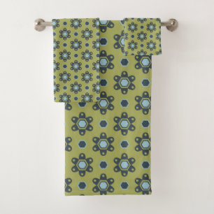 Retro Blue & Black Daisies on Green Floral Pattern Bath Towel Set