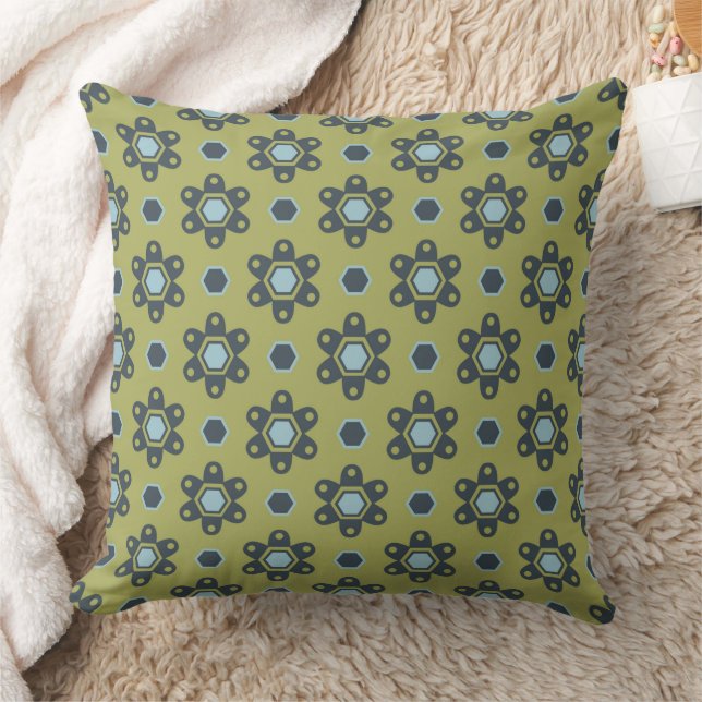Retro Blue & Black Daisies on Green Floral Pattern Cushion (Blanket)