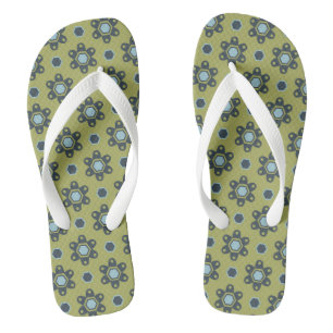 Retro Blue & Black Daisies on Green Floral Pattern Flip Flops