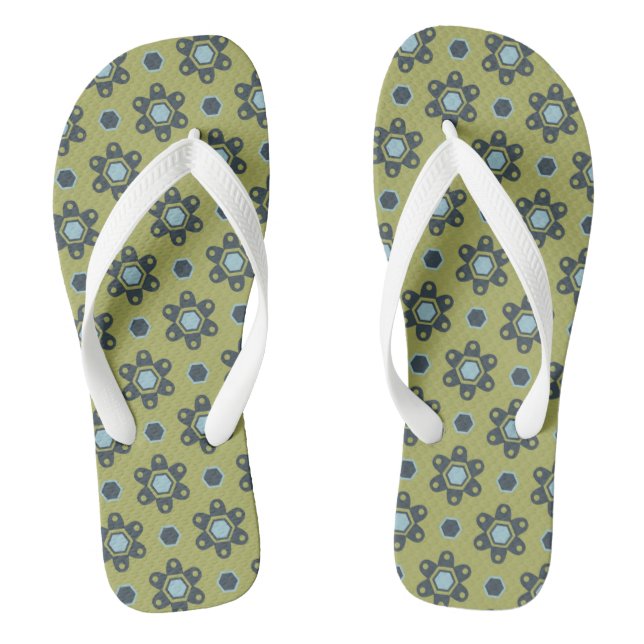 Retro Blue & Black Daisies on Green Floral Pattern Flip Flops (Footbed)