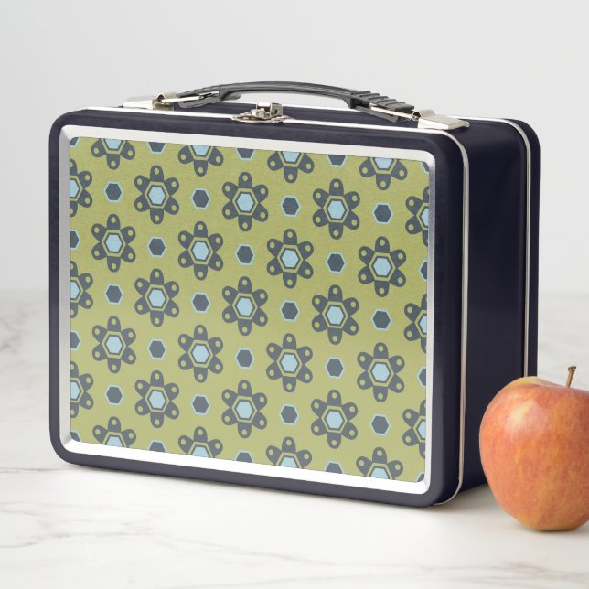 Retro Blue & Black Daisies on Green Floral Pattern Metal Lunch Box (In Situ)