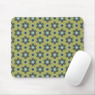 Retro Blue & Black Daisies on Green Floral Pattern Mouse Mat
