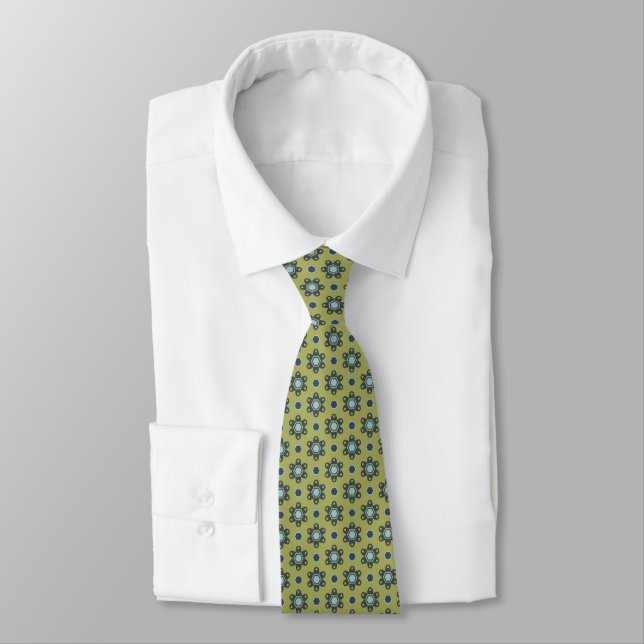Retro Blue & Black Daisies on Green Floral Pattern Tie (Tied)