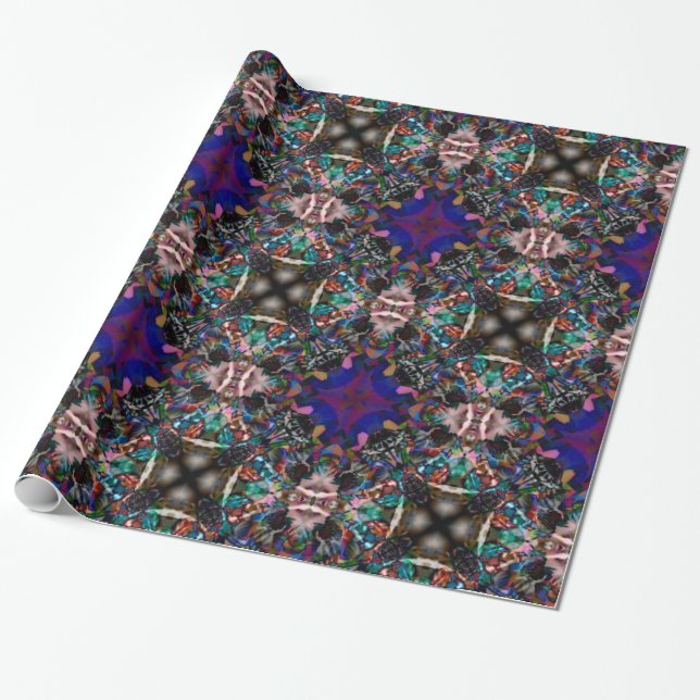 Retro Blue Blossom Fractal Pattern Wrapping Paper (Unrolled)