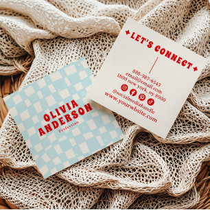 Retro Blue Bold 70's Boho Groovy Chequered Trendy Square Business Card