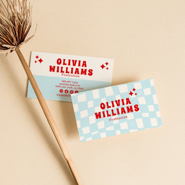 Retro Blue Bold Groovy Chequered Trendy Funky Fun Business Card (Creator Uploaded)