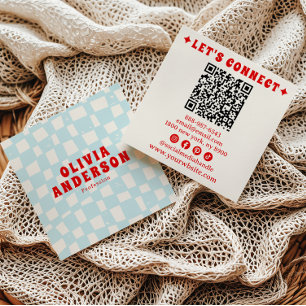 Retro Blue Bold Groovy QR Code Checkered Trendy  Square Business Card