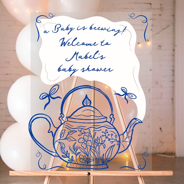 Retro blue bows teapot baby shower welcome acrylic sign (Retro blue bows teapot baby shower welcome acrylic sign)