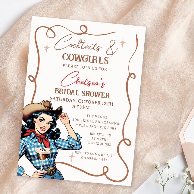 Retro Blue Brown Cocktails Cowgirls Bridal Shower Invitation (Cowgirl Bridal Shower Invitation Template, Cocktail and Cowgirls Bridal Shower Invitation Retro)