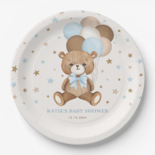 Retro Blue Brown Teddy Bear Balloons Boy Party Paper Plate