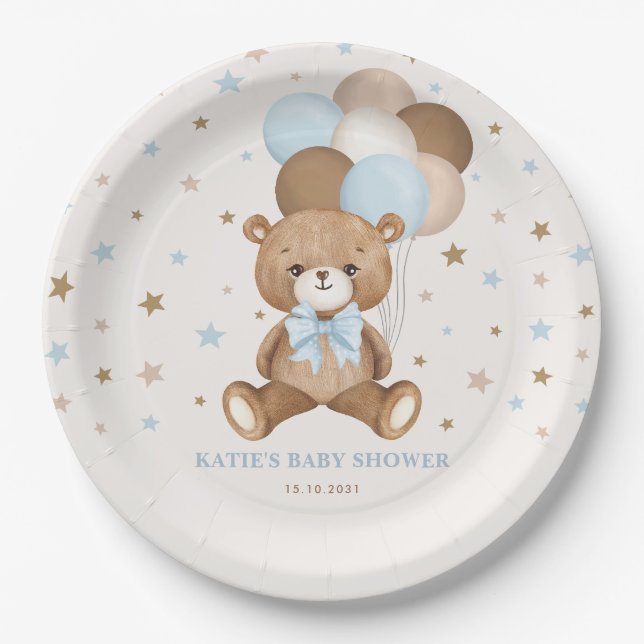Retro Blue Brown Teddy Bear Balloons Boy Party Paper Plate (Front)
